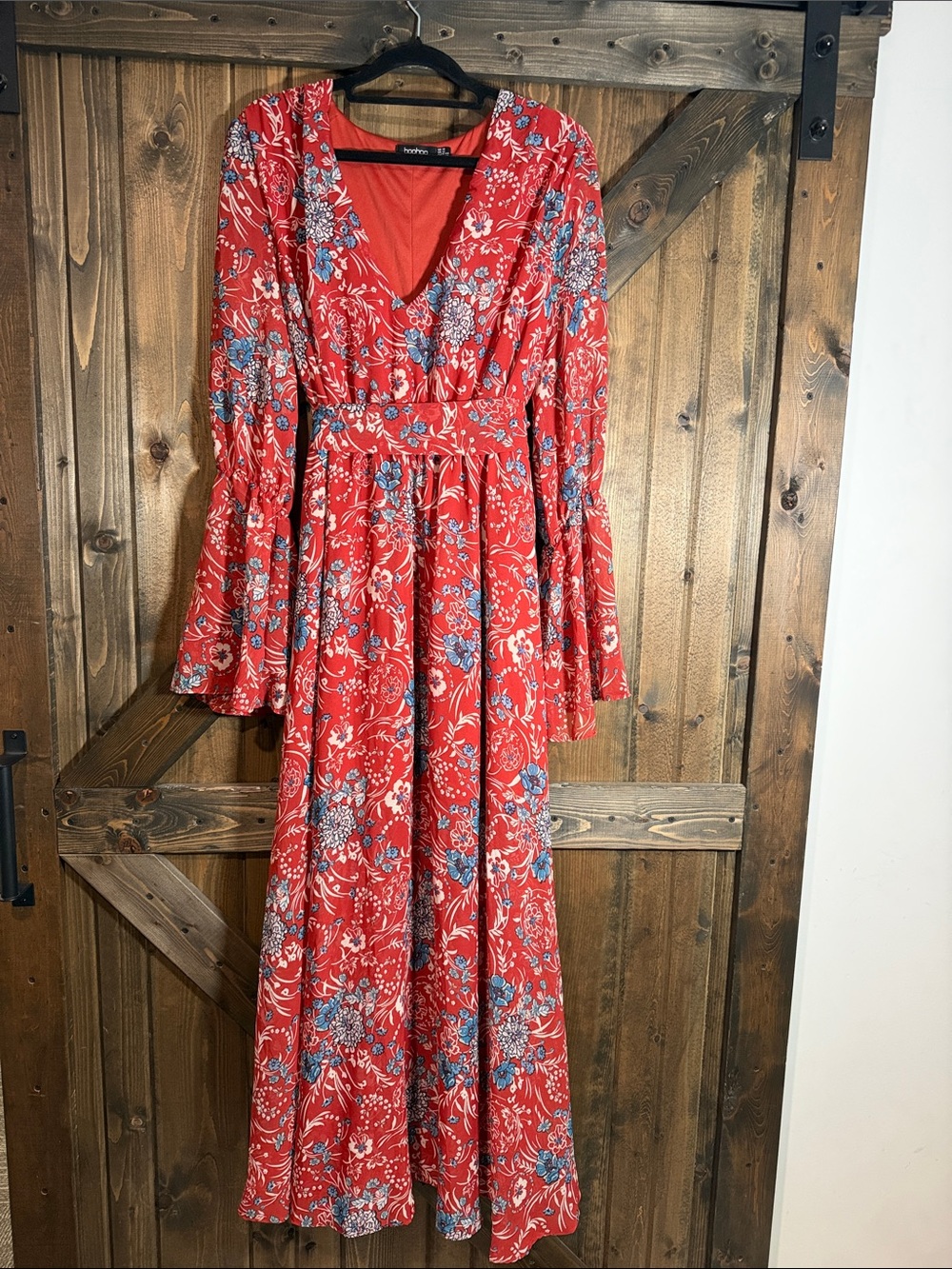 Boohoo Red Floral V-Neck Bell Sleeve Maxi Dress with Blue Accents